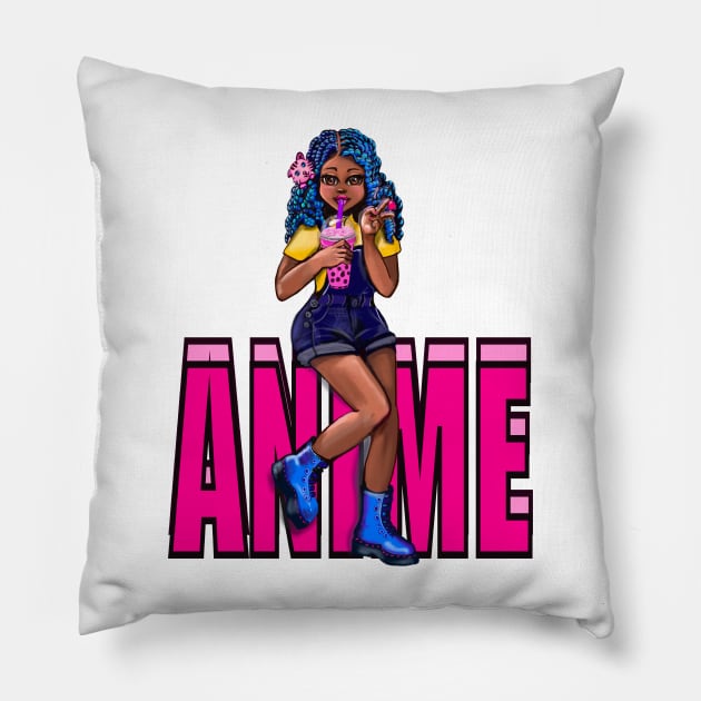 Cute Kawaii black Girl with bubble tea, African American, Black cartoon, pink text anime, game character girl Pillow by Artonmytee