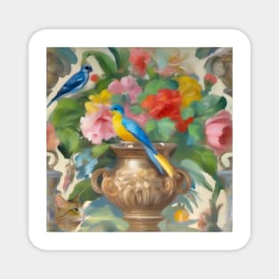 Birds, roses, cat and classical urn, oil painting seamless pattern Magnet