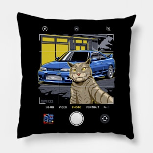 Selfie Cat and his owner's Nissan R33 Skyline Pillow