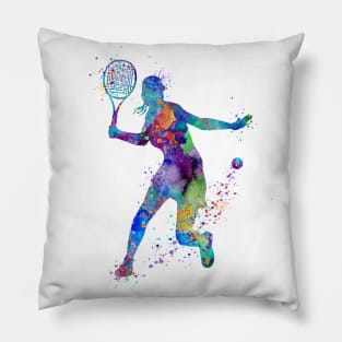 Girl Tennis Player Colorful Watercolor Pillow