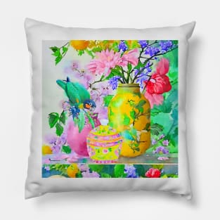Green parrot and yellow chinoiserie jars watercolor Pillow