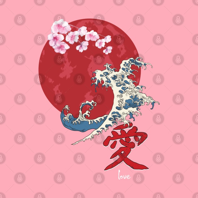 Japanese Kanji Love Sakura Cherry Blossom And Kanagawa Wave by USProudness