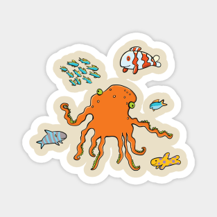 Funny orange octopus and colorful fish around Magnet