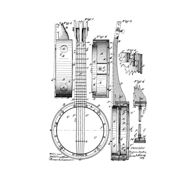 Banjo Vintage Patent Hand Drawing by TheYoungDesigns