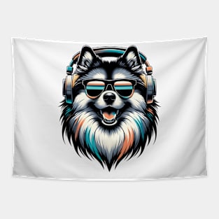 Keeshond Smiling DJ with Headphones and Sunglasses Tapestry