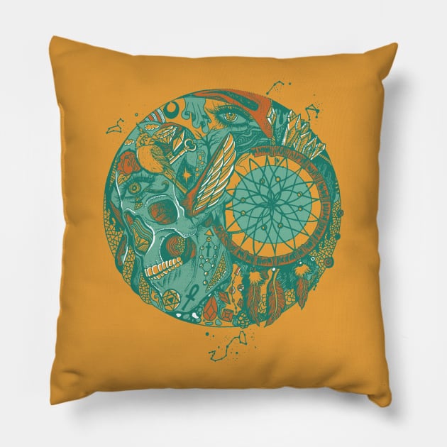 Mountain Green Skull and Dreamcatcher Circle Pillow by kenallouis