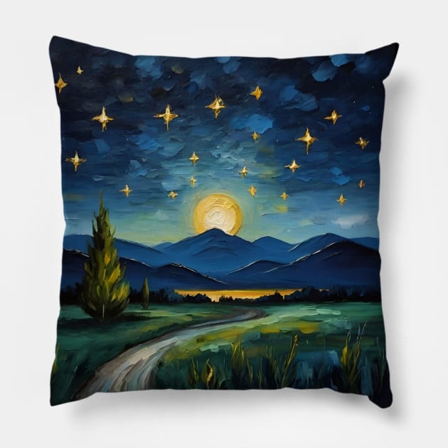 night moon and mountains Pillow by Anik Arts