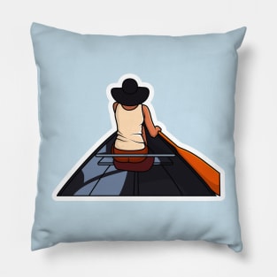 Guy sitting on wooden boat in sea vector illustration. People travelling icon concept. Beautiful views of the sea among the guy design. Pillow