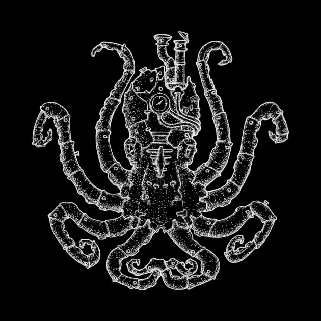 Steampunk Octopus Drawing (white lineart) by SamDeaconArt