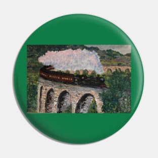 Train steaming over bridge Pin