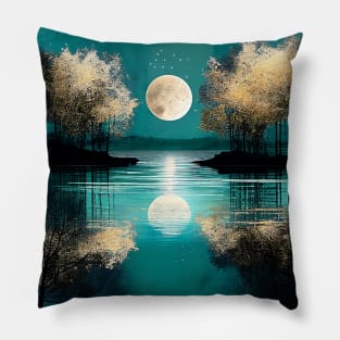 Teal Blue Serene Lake Reflections Full Moon Metallic Pillow