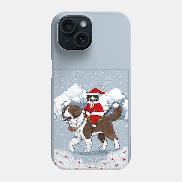 Christmas Cat Saint Bernard Ride Phone Case by KilkennyCat Art