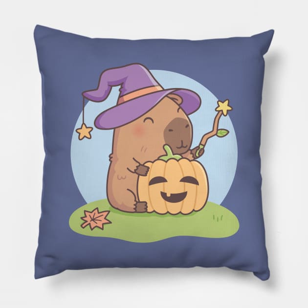 Cute Capybara Wizard and Squash Halloween Pillow by rustydoodle