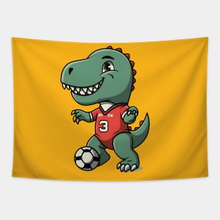 Green dinosaur playing football Tapestry