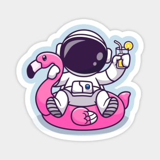 Cute Astronaut On Flamingo Swimming Tires And Orange Juice Cartoon Magnet