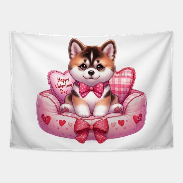 Valentine Akita Dog in Bed Tapestry by Chromatic Fusion Studio