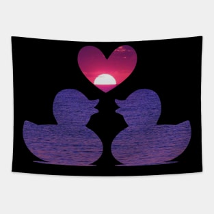 Cute Ducks with Red Heart Sunset Tapestry