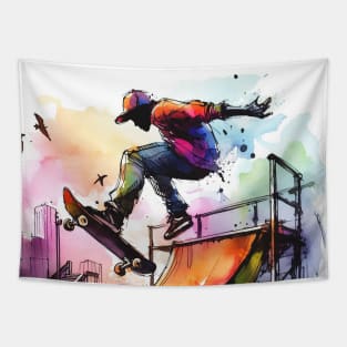 Abstract looking illustration of kid on a skateboard. Tapestry