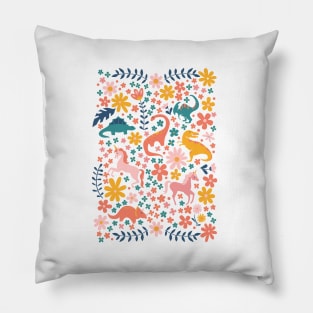 Floral Burst of Dinosaurs + Unicorns in Pink Pillow