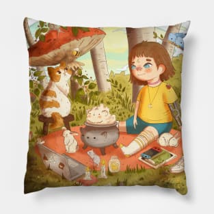 Little girl at forest with forest animals and cat Pillow