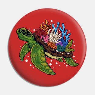 Sea Turtle Coral Illustration Pin
