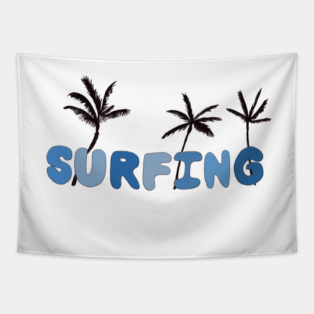 Surfing Blue Bubble Letters with Palm Trees Tapestry by Sandraartist