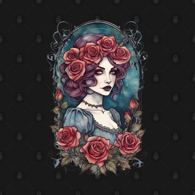 Victorian Gothic Lady with Red Roses by Ravenglow