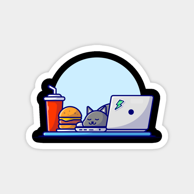 Cute Cat Sleeping On Laptop With Burger And Soda Cartoon Vector Icon Illustration Magnet by Catalyst Labs