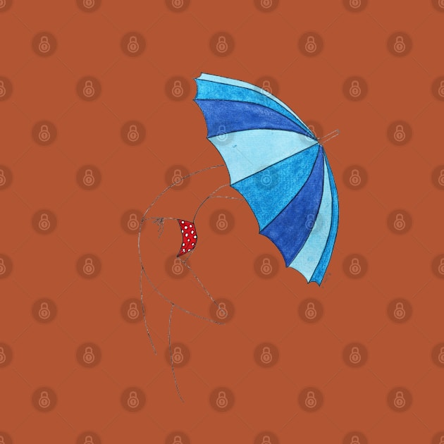 Umbrella Woman n3 by Natasha Kolton · blue tones and white dots red bikini beach girl · simple drawing by natashakolton