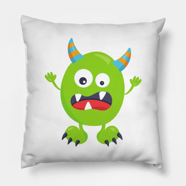 Cute Monster, Green Monster, Funny Monster, Horns Pillow by Jelena Dunčević