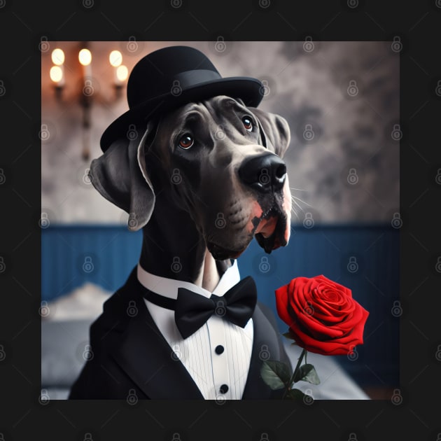 Great dane dog in formal tuxedo with hat and candlelight by nicecorgi