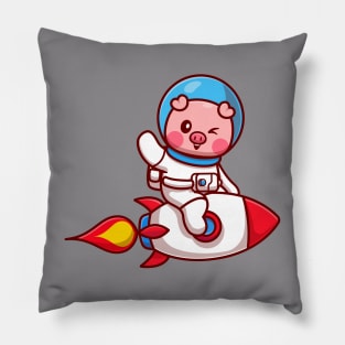 Cut Pig Astronaut Riding Rocket And Waving Hand Cartoon Pillow