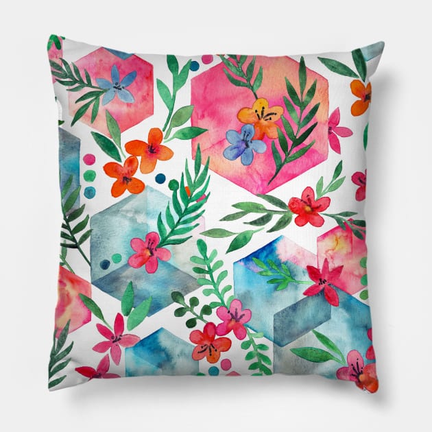 Whimsical Hexagon Garden on white Pillow by micklyn