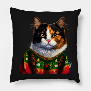 Funny Christmas Cat Wearing Sweater Pillow