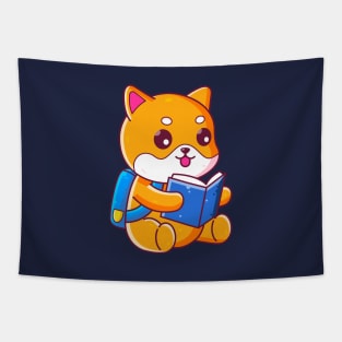 Cute school shiba inu reading book Tapestry