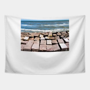 the concrete wall in shoreline ecopop beach in galveston tx photo art Tapestry