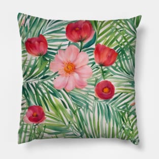 Pink Flower Blossom with Green Leaves Artwork Pillow