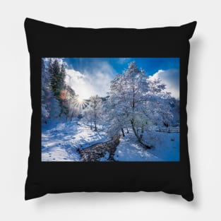 Sunset in the forest covered with snow Pillow