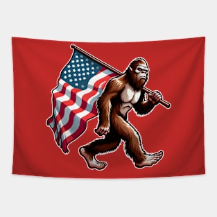 Bigfoot Carrying American Flag Tapestry