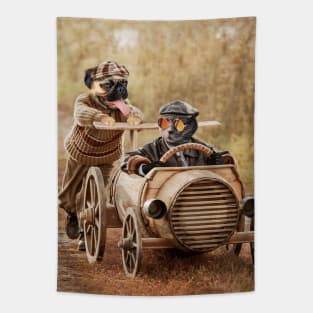 Cute Vintage Mid Century Art 50S Style Retro Racing Cat and Pug Tapestry