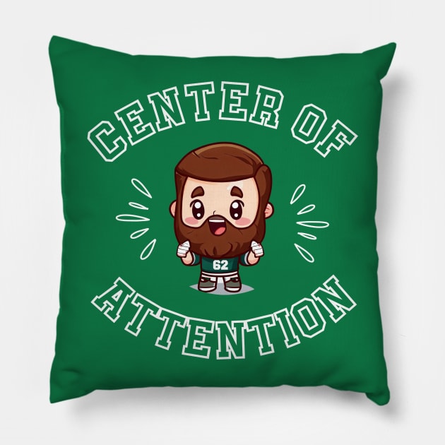 Jason Kelce Centre of Attention Kawaii Shirt (White Text) Pillow by Curious Sausage