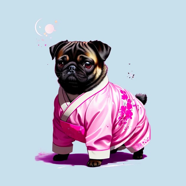 Tranquil Pug in Pink Hanbok Enjoying the Serenity of Moonlight by fur-niche