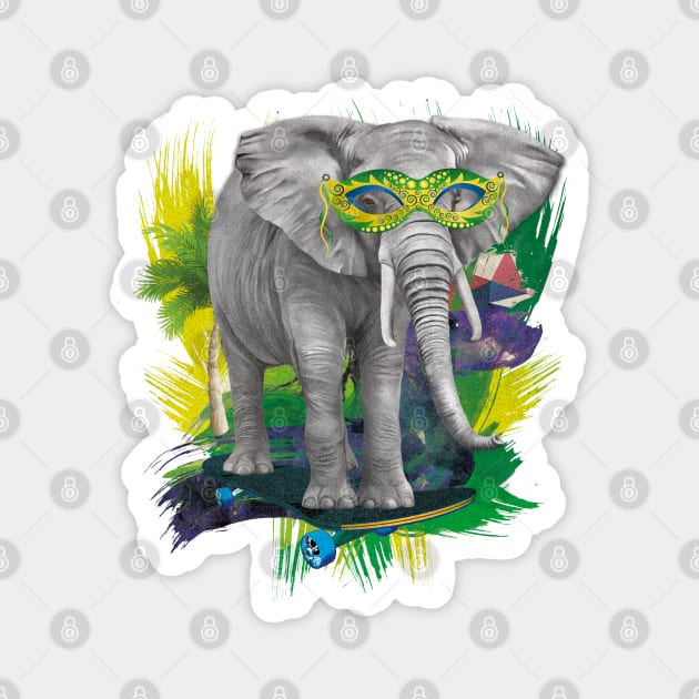 Elephant on skateboard with party glasses on the beach Magnet by BigWildKiwi