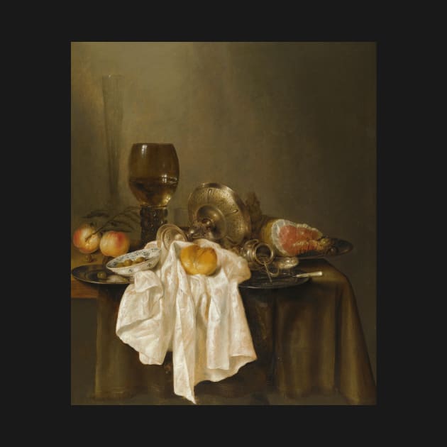 A Banketje Still Life With A Roemer, A Silver Tazza On Its Side, A Ham, Peaches, A Salt Cellar, A Bread Roll And A White Cloth On A Partly Draped Table by Willem Claeszoon Heda by Classic Art Stall