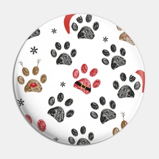 Paw prints with Santa Claus, deer and red hat Pin