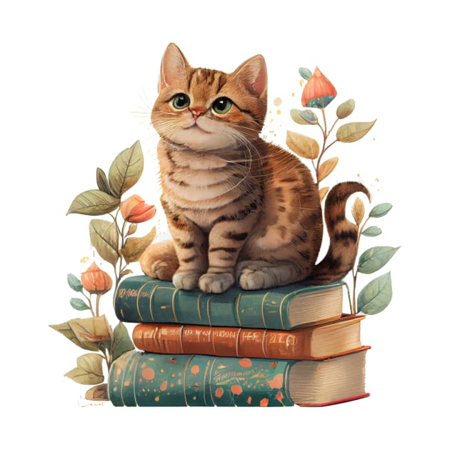 Cute Cottagecore Cat on Books by BotanicalWoe