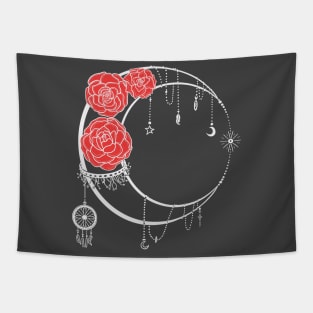 Dark Moon with white Lines Red Roses Tattoo Tapestry