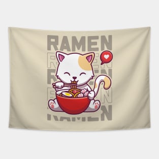 Cat Eating Ramen Cute Noodles, Kawaii Kittie Eating Japanese Noodle Tapestry