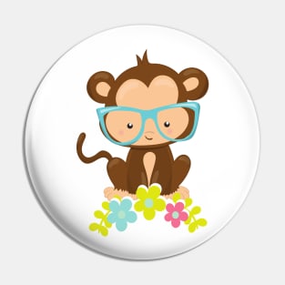 Hipster Monkey, Monkey With Glasses, Flowers Pin