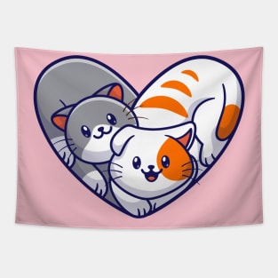 Cute Cat Couple Friend With Love Shape Cartoon Tapestry